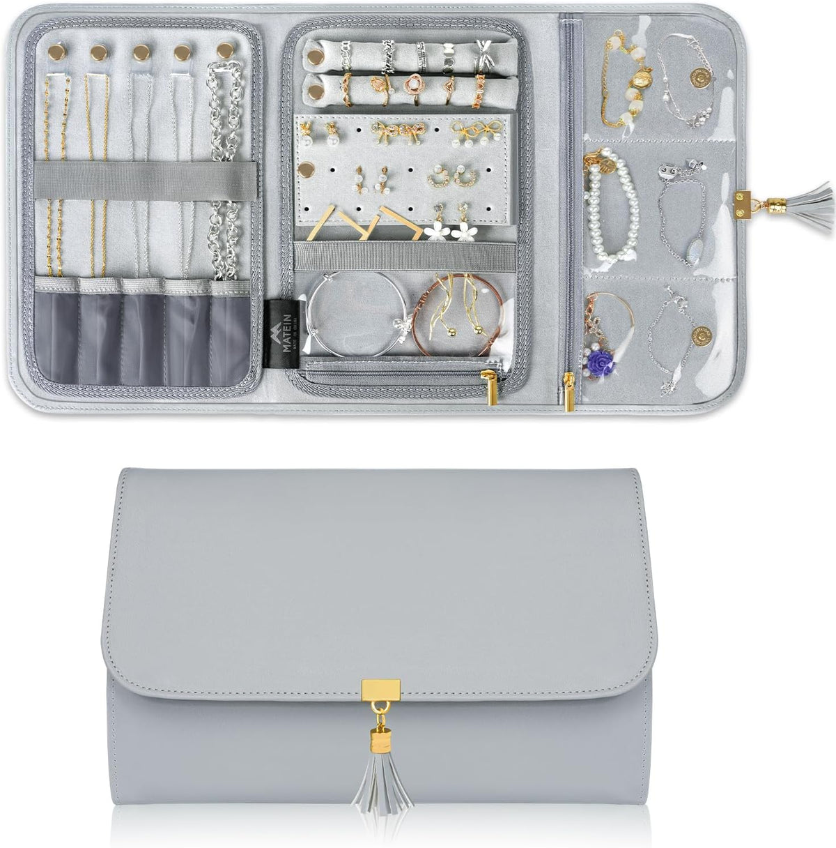 Jewelry Travel Organizer for Women, Tangle Free Portable Leather Jewelry Storage Roll Bag Envelope Clutch, Waterproof Lightweight Jewelry Case Holder for Necklaces, Rings, Earrings, Bracelets