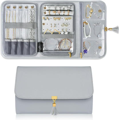 Jewelry Travel Organizer for Women, Tangle Free Portable Leather Jewelry Storage Roll Bag Envelope Clutch, Waterproof Lightweight Jewelry Case Holder for Necklaces, Rings, Earrings, Bracelets