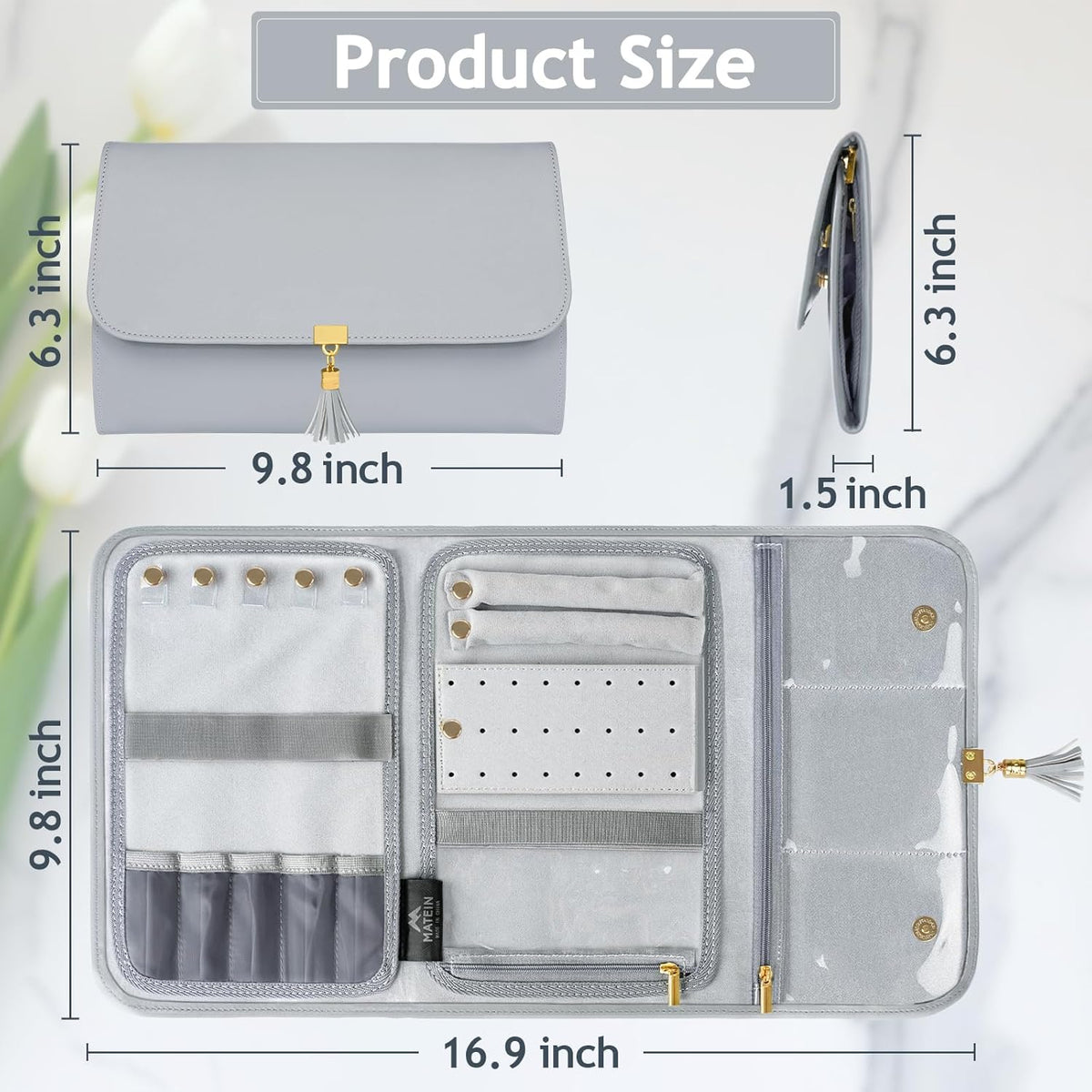 Jewelry Travel Organizer for Women, Tangle Free Portable Leather Jewelry Storage Roll Bag Envelope Clutch, Waterproof Lightweight Jewelry Case Holder for Necklaces, Rings, Earrings, Bracelets