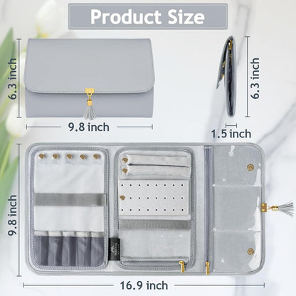 Jewelry Travel Organizer for Women, Tangle Free Portable Leather Jewelry Storage Roll Bag Envelope Clutch, Waterproof Lightweight Jewelry Case Holder for Necklaces, Rings, Earrings, Bracelets