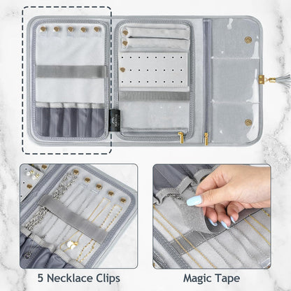 Jewelry Travel Organizer for Women, Tangle Free Portable Leather Jewelry Storage Roll Bag Envelope Clutch, Waterproof Lightweight Jewelry Case Holder for Necklaces, Rings, Earrings, Bracelets