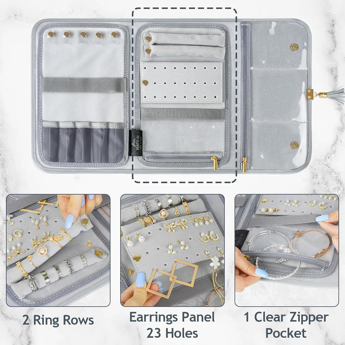 Jewelry Travel Organizer for Women, Tangle Free Portable Leather Jewelry Storage Roll Bag Envelope Clutch, Waterproof Lightweight Jewelry Case Holder for Necklaces, Rings, Earrings, Bracelets
