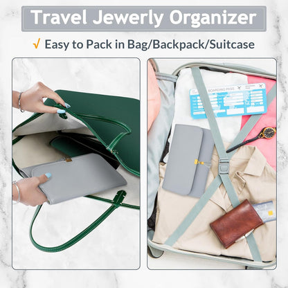 Jewelry Travel Organizer for Women, Tangle Free Portable Leather Jewelry Storage Roll Bag Envelope Clutch, Waterproof Lightweight Jewelry Case Holder for Necklaces, Rings, Earrings, Bracelets