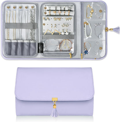 Jewelry Travel Organizer for Women, Tangle Free Portable Leather Jewelry Storage Roll Bag Envelope Clutch, Waterproof Lightweight Jewelry Case Holder for Necklaces, Rings, Earrings, Bracelets