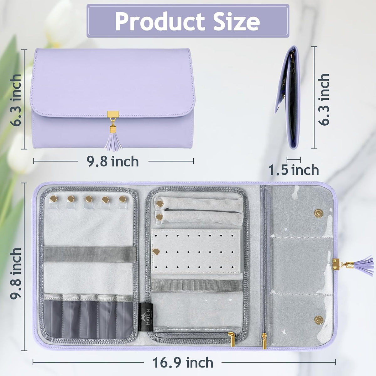 Jewelry Travel Organizer for Women, Tangle Free Portable Leather Jewelry Storage Roll Bag Envelope Clutch, Waterproof Lightweight Jewelry Case Holder for Necklaces, Rings, Earrings, Bracelets