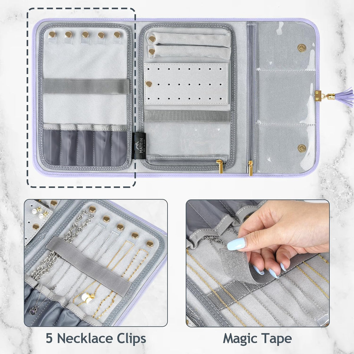 Jewelry Travel Organizer for Women, Tangle Free Portable Leather Jewelry Storage Roll Bag Envelope Clutch, Waterproof Lightweight Jewelry Case Holder for Necklaces, Rings, Earrings, Bracelets