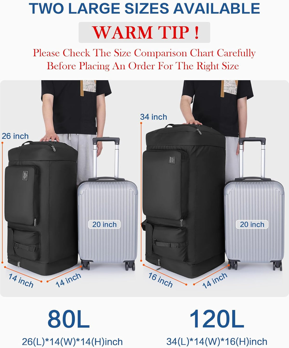 120L Travel Duffle Bag for Men and Women, 34” Large Duffle Bag for Traveling with Shoes Compartment, Foldable Travel Duffel Bags, Waterproof and Tear Resistant