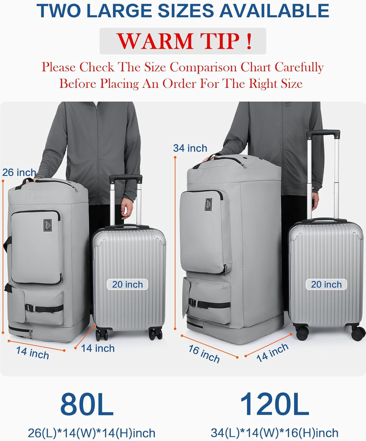 120L Travel Duffle Bag for Men and Women, 34” Large Duffle Bag for Traveling with Shoes Compartment, Foldable Travel Duffel Bags, Waterproof and Tear Resistant