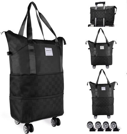 Expandable Rolling Duffle Bag - Large Carry-On With Spinner Wheels, Foldable Weekend Travel Bag, 28-58L Capacity（A-Black）