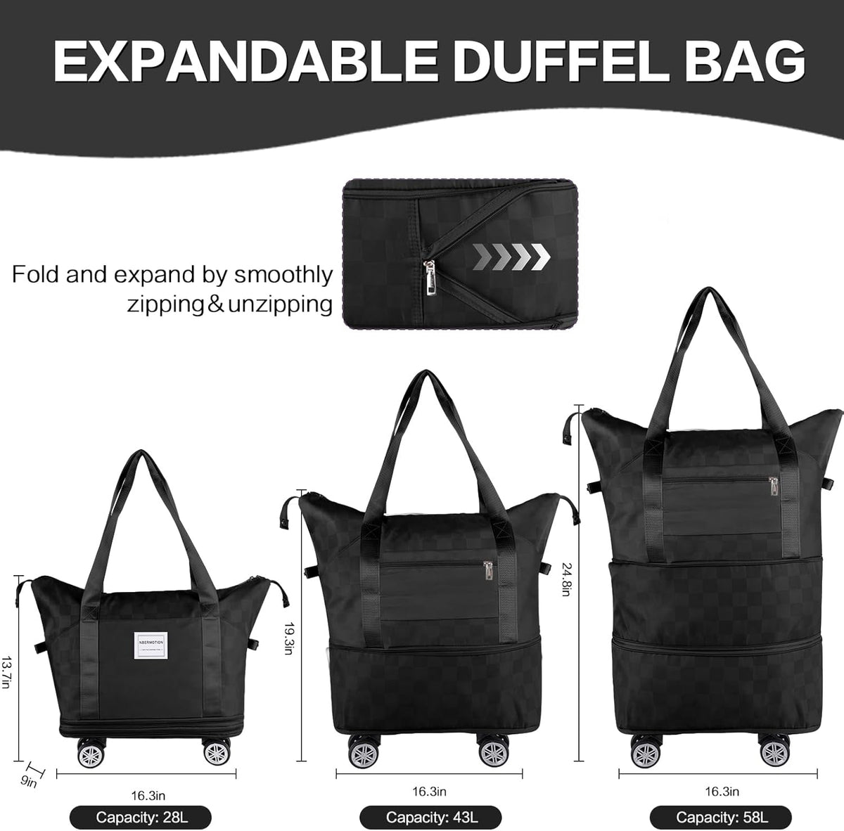 Expandable Rolling Duffle Bag - Large Carry-On With Spinner Wheels, Foldable Weekend Travel Bag, 28-58L Capacity（A-Black）