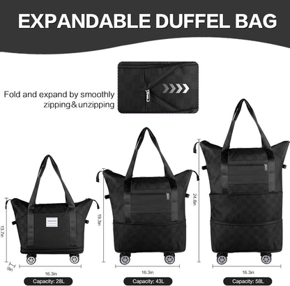 Expandable Rolling Duffle Bag - Large Carry-On With Spinner Wheels, Foldable Weekend Travel Bag, 28-58L Capacity（A-Black）