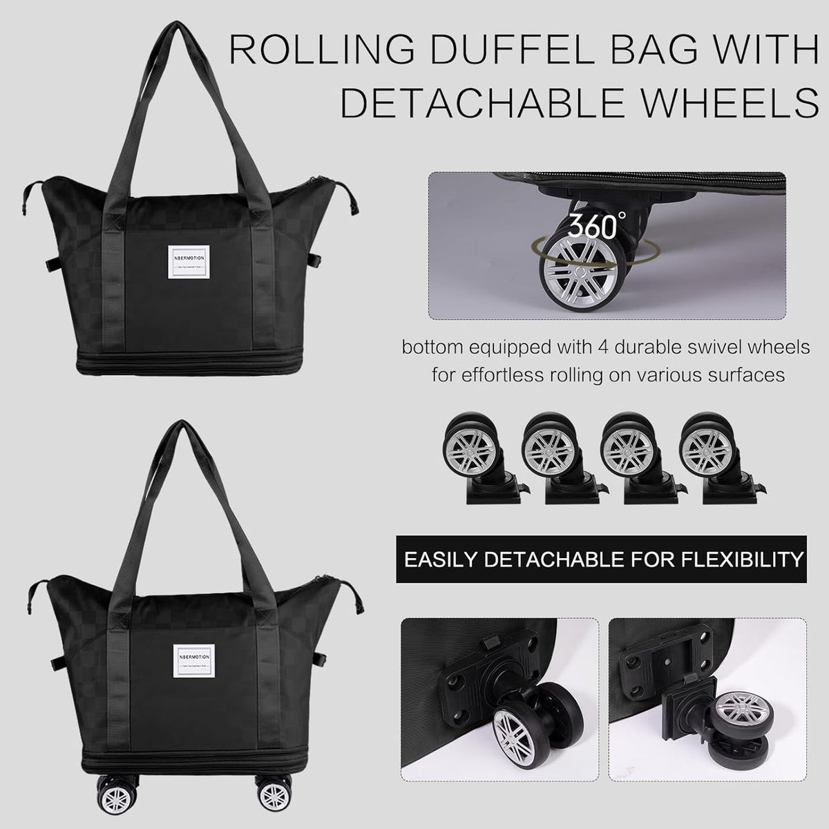 Expandable Rolling Duffle Bag - Large Carry-On With Spinner Wheels, Foldable Weekend Travel Bag, 28-58L Capacity（A-Black）