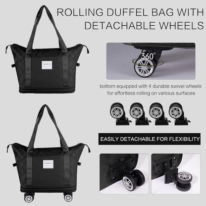 Expandable Rolling Duffle Bag - Large Carry-On With Spinner Wheels, Foldable Weekend Travel Bag, 28-58L Capacity（A-Black）