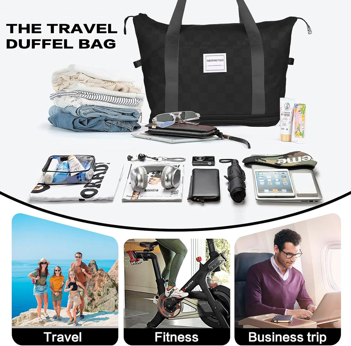Expandable Rolling Duffle Bag - Large Carry-On With Spinner Wheels, Foldable Weekend Travel Bag, 28-58L Capacity（A-Black）