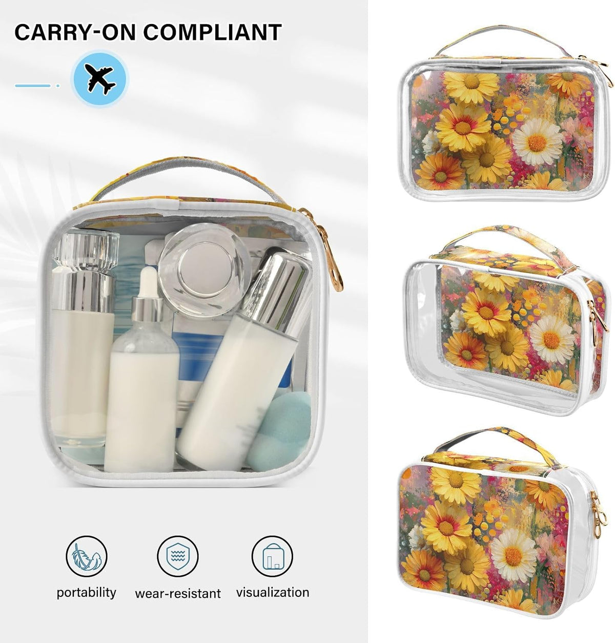 Clear Makeup Bag Approved Clear Travel Toiletry Bag with Zipper Waterproof Organizer Bags Transparent Cosmetic Pouch Traveling 2Pack Tile Color - Colors C