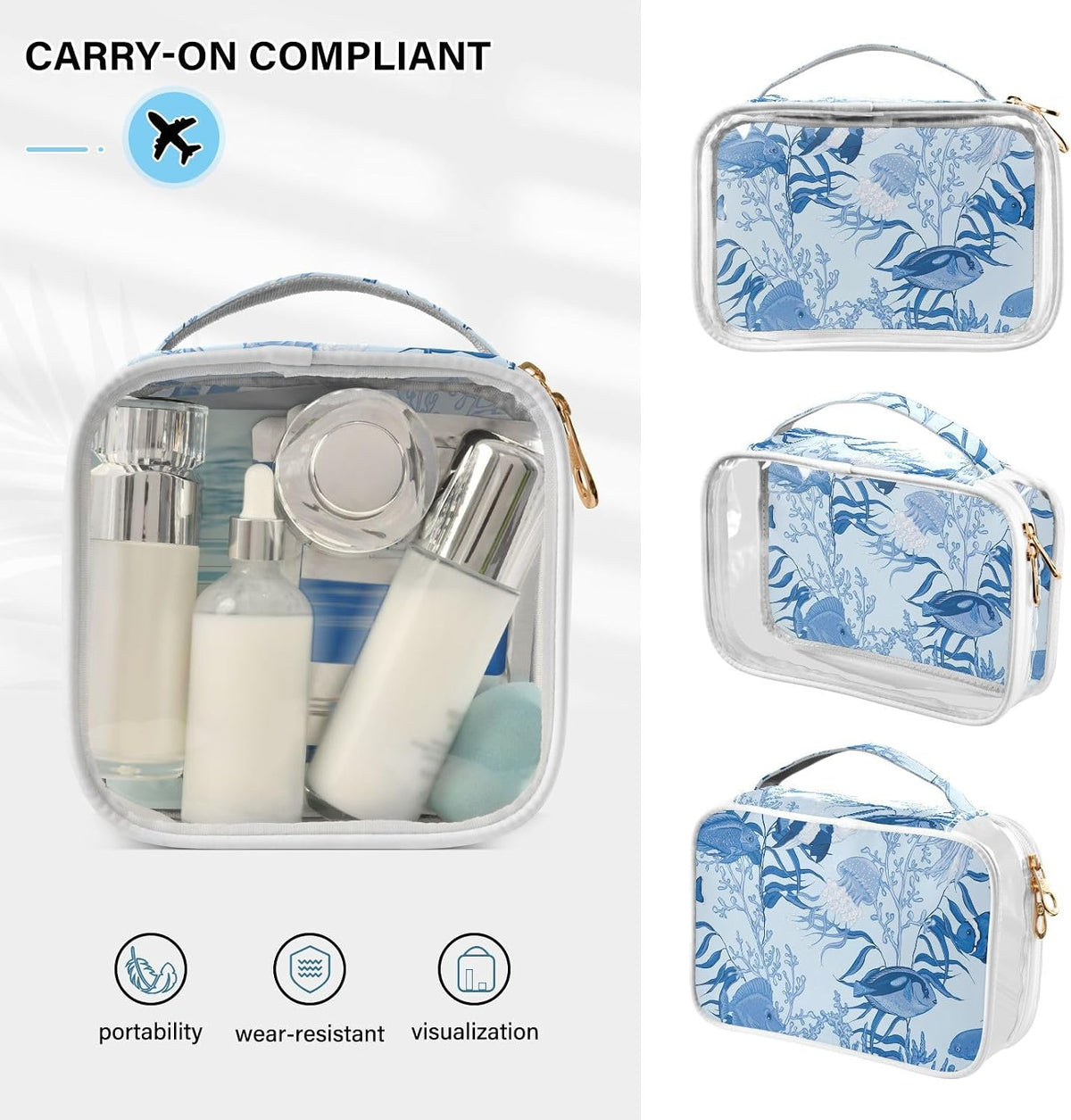 Clear Makeup Bag Approved Clear Travel Toiletry Bag with Zipper Waterproof Organizer Bags Transparent Cosmetic Pouch Traveling 2Pack Tile Color - Colors C