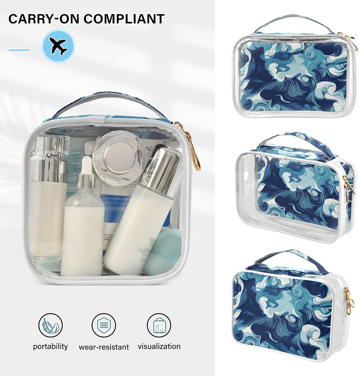 Clear Makeup Bag Approved Clear Travel Toiletry Bag with Zipper Waterproof Organizer Bags Transparent Cosmetic Pouch Traveling 2Pack Tile Color - Colors C
