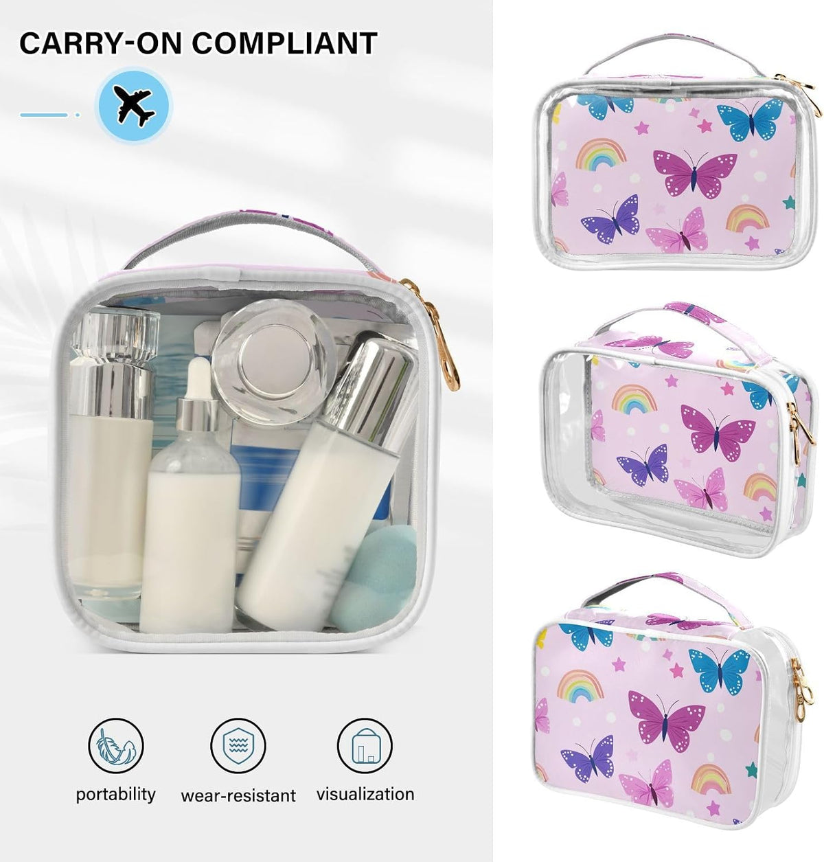 Clear Makeup Bag Approved Clear Travel Toiletry Bag with Zipper Waterproof Organizer Bags Transparent Cosmetic Pouch Traveling 2Pack Tile Color - Colors C