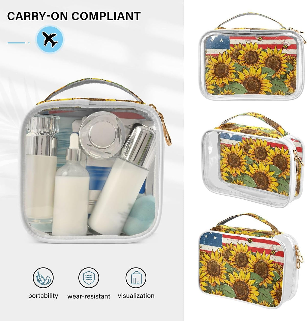 Clear Makeup Bag Approved Clear Travel Toiletry Bag with Zipper Waterproof Organizer Bags Transparent Cosmetic Pouch Traveling 2Pack Tile Color - Colors C