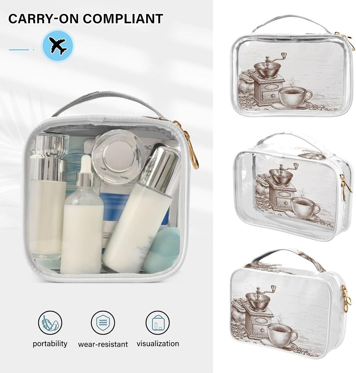 Clear Makeup Bag Approved Clear Travel Toiletry Bag with Zipper Waterproof Organizer Bags Transparent Cosmetic Pouch Traveling 2Pack Tile Color - Colors C