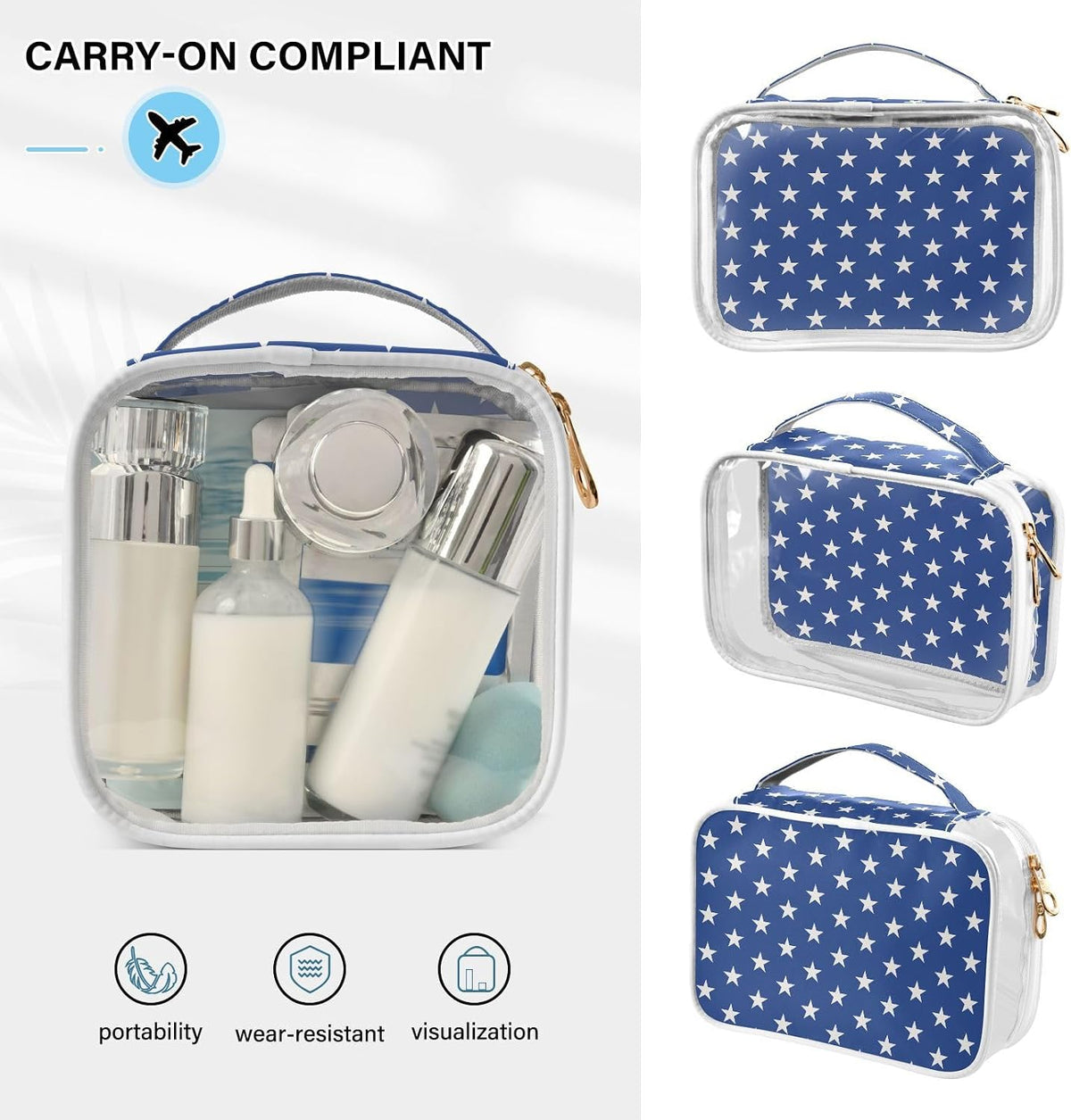 Clear Makeup Bag Approved Clear Travel Toiletry Bag with Zipper Waterproof Organizer Bags Transparent Cosmetic Pouch Traveling 2Pack Tile Color - Colors C