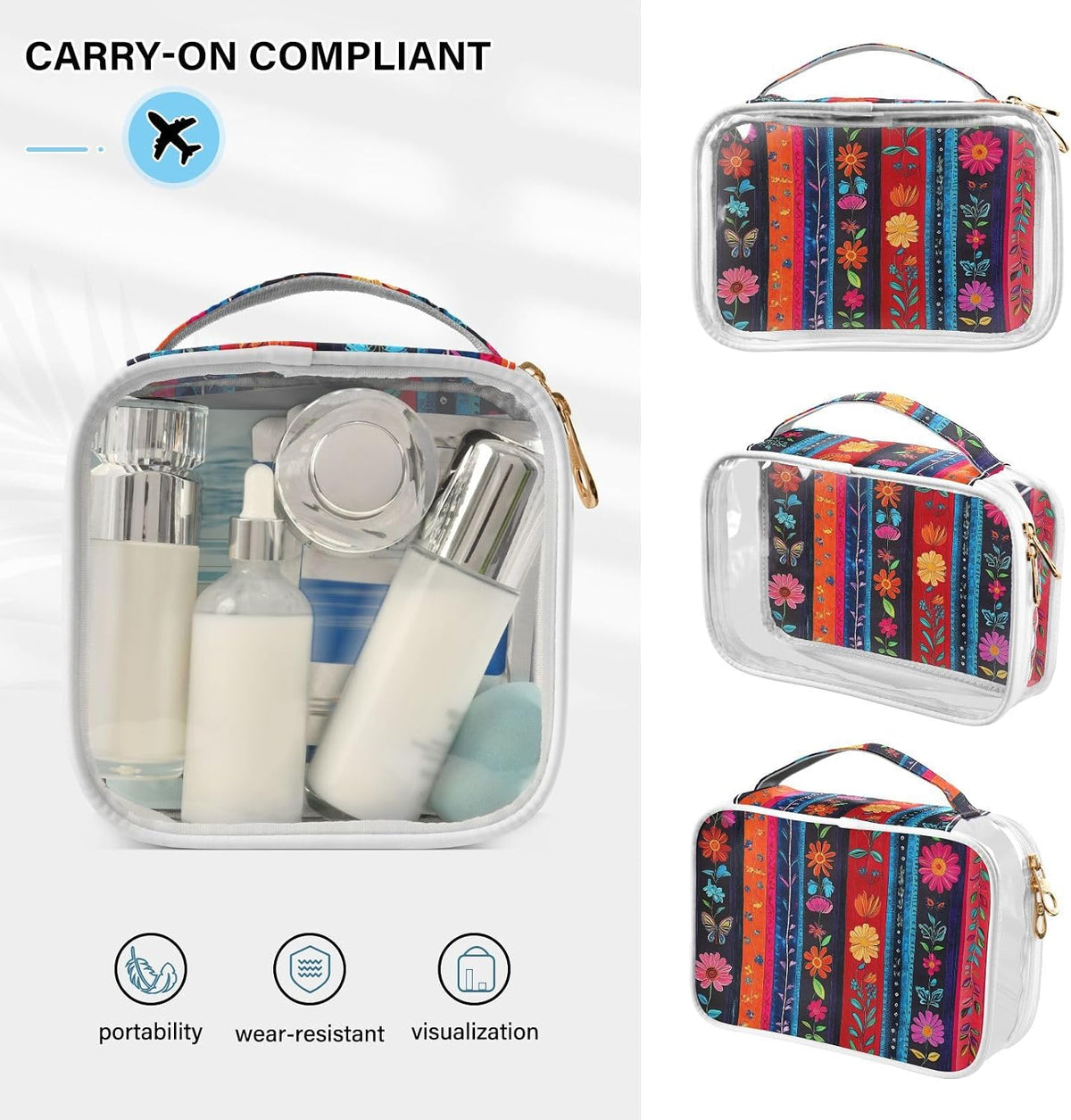 Clear Makeup Bag Approved Clear Travel Toiletry Bag with Zipper Waterproof Organizer Bags Transparent Cosmetic Pouch Traveling 2Pack Tile Color - Colors C