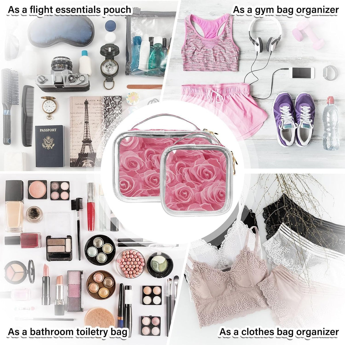 Clear Makeup Bag Approved Clear Travel Toiletry Bag with Zipper Waterproof Organizer Bags Transparent Cosmetic Pouch Traveling 2Pack Tile Color - Colors C