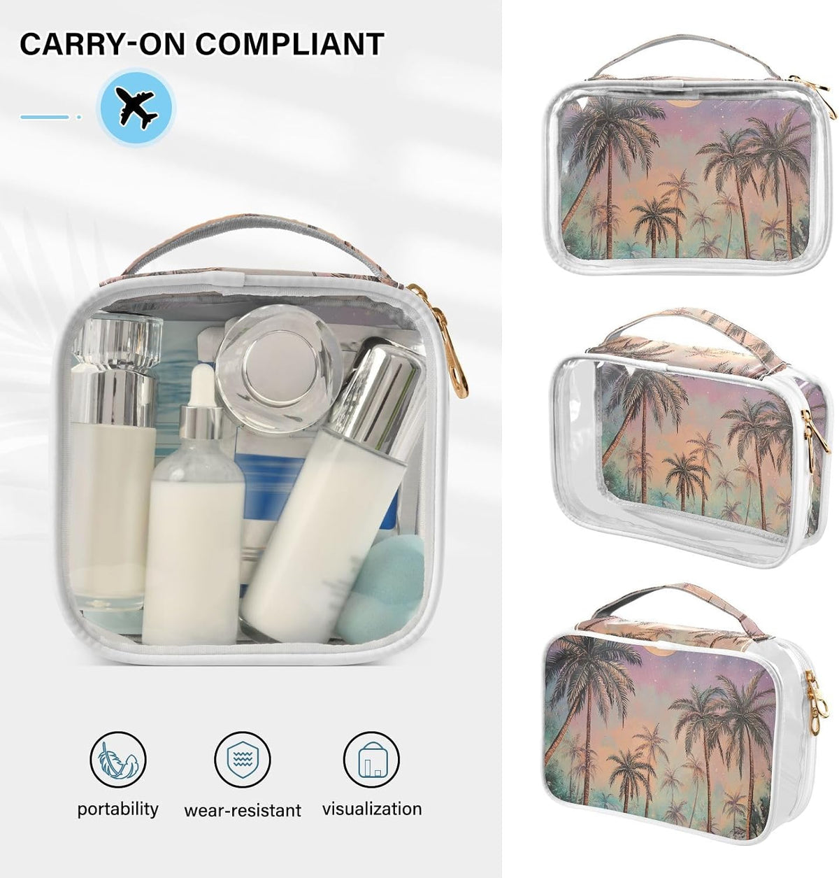 Clear Makeup Bag Approved Clear Travel Toiletry Bag with Zipper Waterproof Organizer Bags Transparent Cosmetic Pouch Traveling 2Pack Tile Color - Colors C