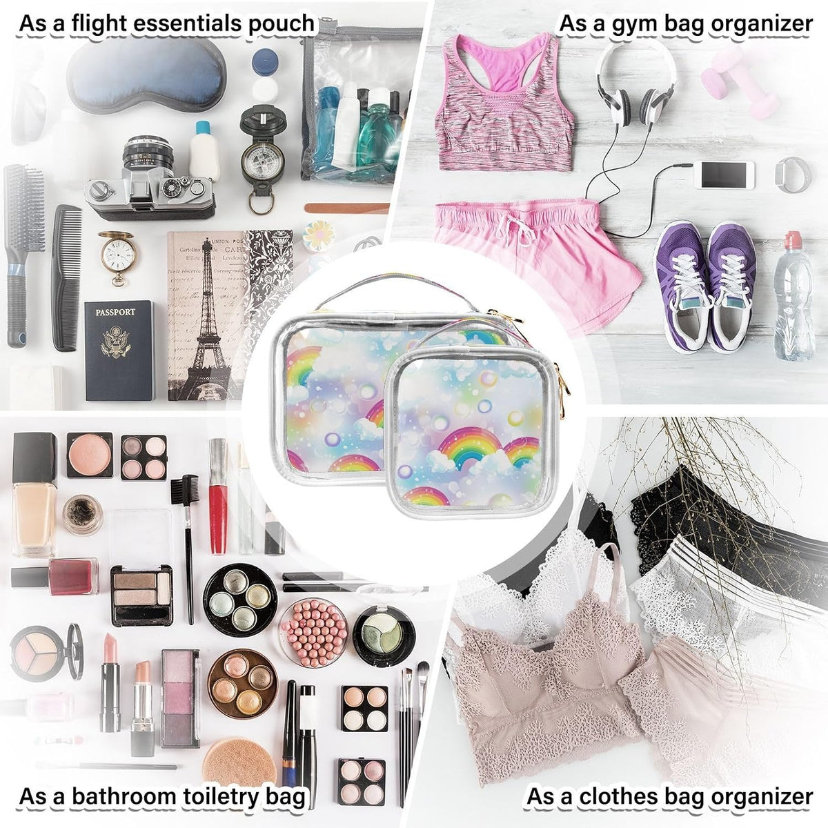 Clear Makeup Bag Approved Clear Travel Toiletry Bag with Zipper Waterproof Organizer Bags Transparent Cosmetic Pouch Traveling 2Pack Tile Color - Colors C