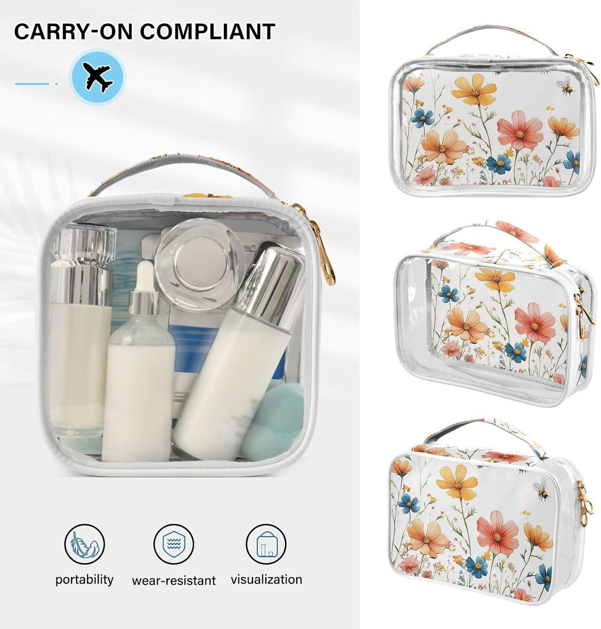 Clear Makeup Bag Approved Clear Travel Toiletry Bag with Zipper Waterproof Organizer Bags Transparent Cosmetic Pouch Traveling 2Pack Tile Color - Colors C