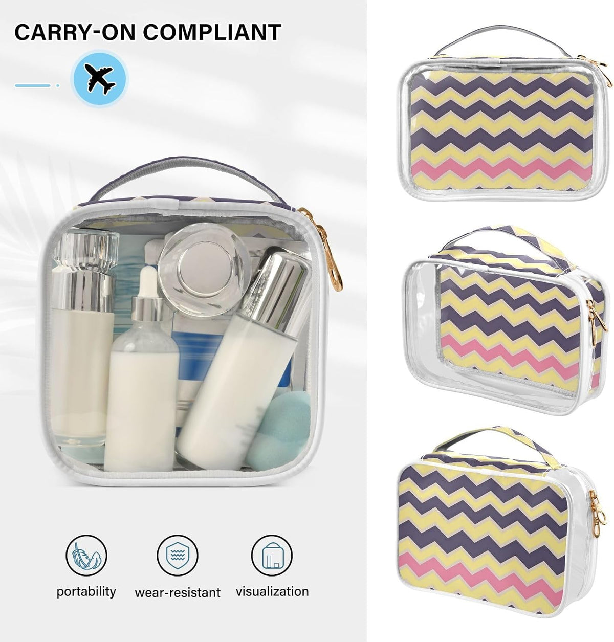Clear Makeup Bag Approved Clear Travel Toiletry Bag with Zipper Waterproof Organizer Bags Transparent Cosmetic Pouch Traveling 2Pack Tile Color - Colors C