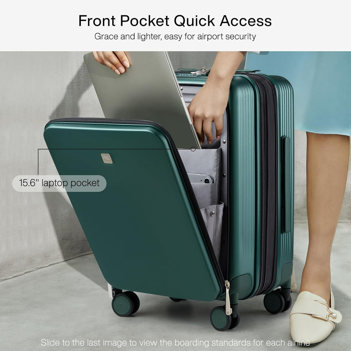 Grace Expandable Carry On Luggage with Wheels Airline Approved Hard Shell Suitcases with Front Pocket，Top Opening Luggage with TSA Lock for Short Business Travel, Blackish Green.