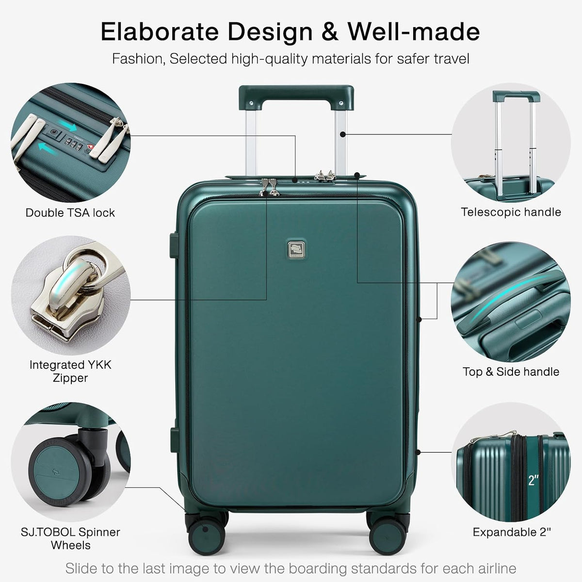 Grace Expandable Carry On Luggage with Wheels Airline Approved Hard Shell Suitcases with Front Pocket，Top Opening Luggage with TSA Lock for Short Business Travel, Blackish Green.