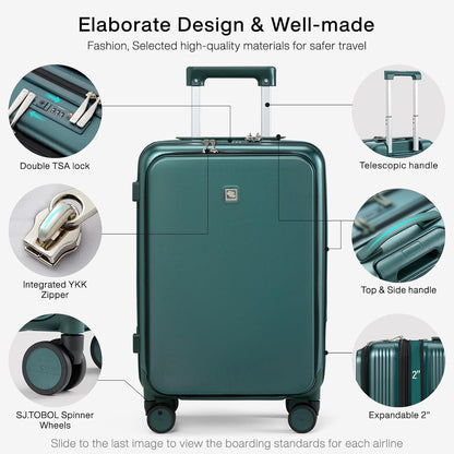 Grace Expandable Carry On Luggage with Wheels Airline Approved Hard Shell Suitcases with Front Pocket，Top Opening Luggage with TSA Lock for Short Business Travel, Blackish Green.
