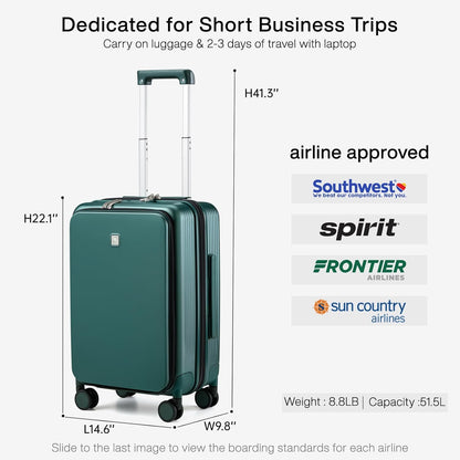 Grace Expandable Carry On Luggage with Wheels Airline Approved Hard Shell Suitcases with Front Pocket，Top Opening Luggage with TSA Lock for Short Business Travel, Blackish Green.
