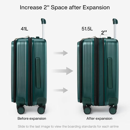 Grace Expandable Carry On Luggage with Wheels Airline Approved Hard Shell Suitcases with Front Pocket，Top Opening Luggage with TSA Lock for Short Business Travel, Blackish Green.