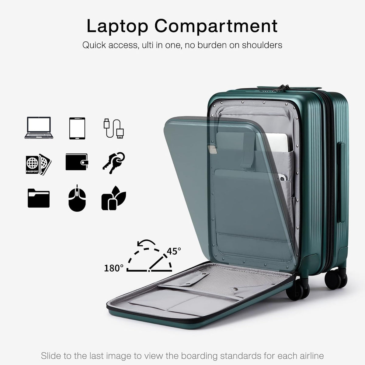 Grace Expandable Carry On Luggage with Wheels Airline Approved Hard Shell Suitcases with Front Pocket，Top Opening Luggage with TSA Lock for Short Business Travel, Blackish Green.