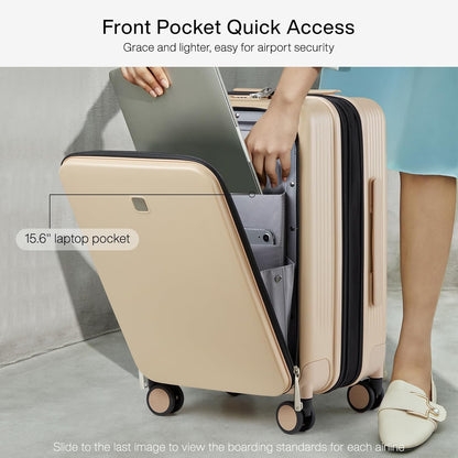Grace Expandable Carry On Luggage with Wheels Airline Approved Hard Shell Suitcases with Front Pocket，Top Opening Luggage with TSA Lock for Short Business Travel, Blackish Green.