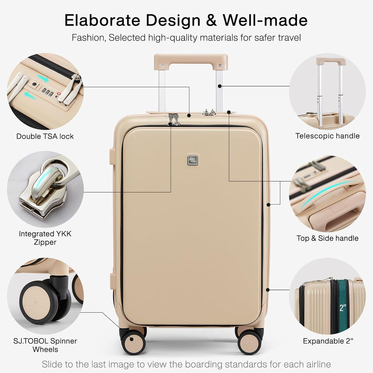 Grace Expandable Carry On Luggage with Wheels Airline Approved Hard Shell Suitcases with Front Pocket，Top Opening Luggage with TSA Lock for Short Business Travel, Blackish Green.