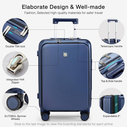 Grace Expandable Carry On Luggage with Wheels Airline Approved Hard Shell Suitcases with Front Pocket，Top Opening Luggage with TSA Lock for Short Business Travel, Blackish Green.