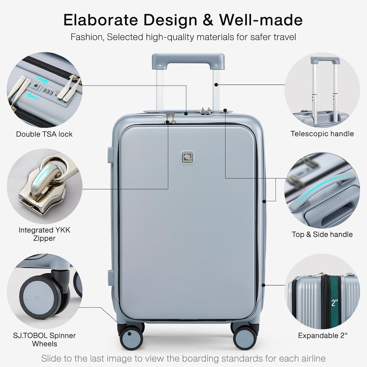Grace Expandable Carry On Luggage with Wheels Airline Approved Hard Shell Suitcases with Front Pocket，Top Opening Luggage with TSA Lock for Short Business Travel, Blackish Green.