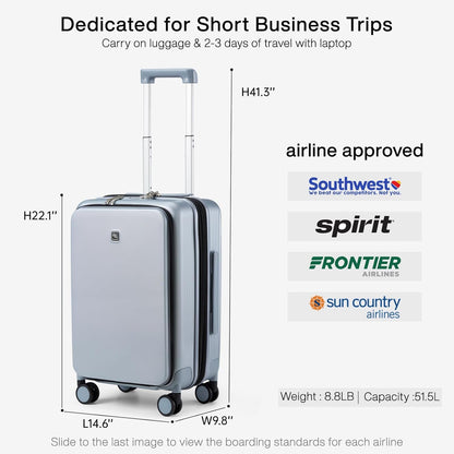 Grace Expandable Carry On Luggage with Wheels Airline Approved Hard Shell Suitcases with Front Pocket，Top Opening Luggage with TSA Lock for Short Business Travel, Blackish Green.