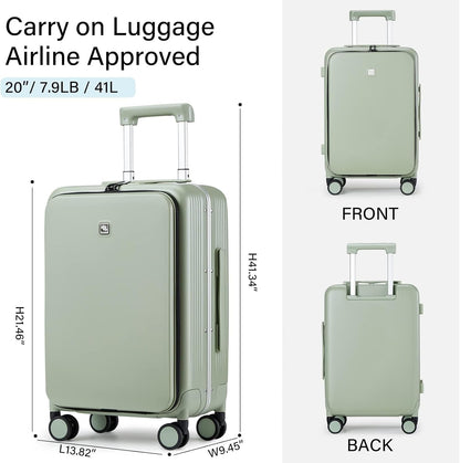 Grace Expandable Carry On Luggage with Wheels Airline Approved Hard Shell Suitcases with Front Pocket，Top Opening Luggage with TSA Lock for Short Business Travel, Blackish Green.