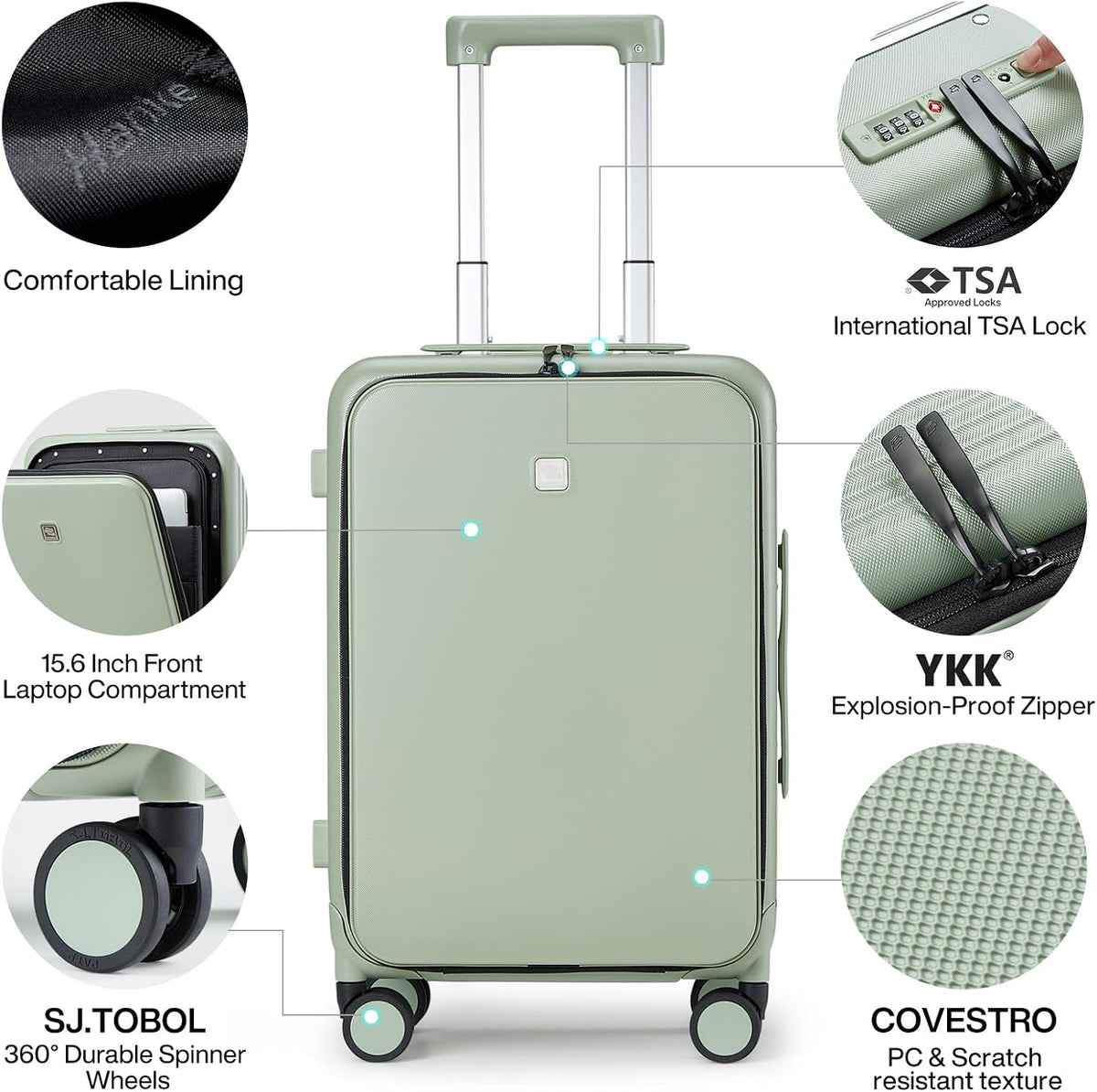 Grace Expandable Carry On Luggage with Wheels Airline Approved Hard Shell Suitcases with Front Pocket，Top Opening Luggage with TSA Lock for Short Business Travel, Blackish Green.