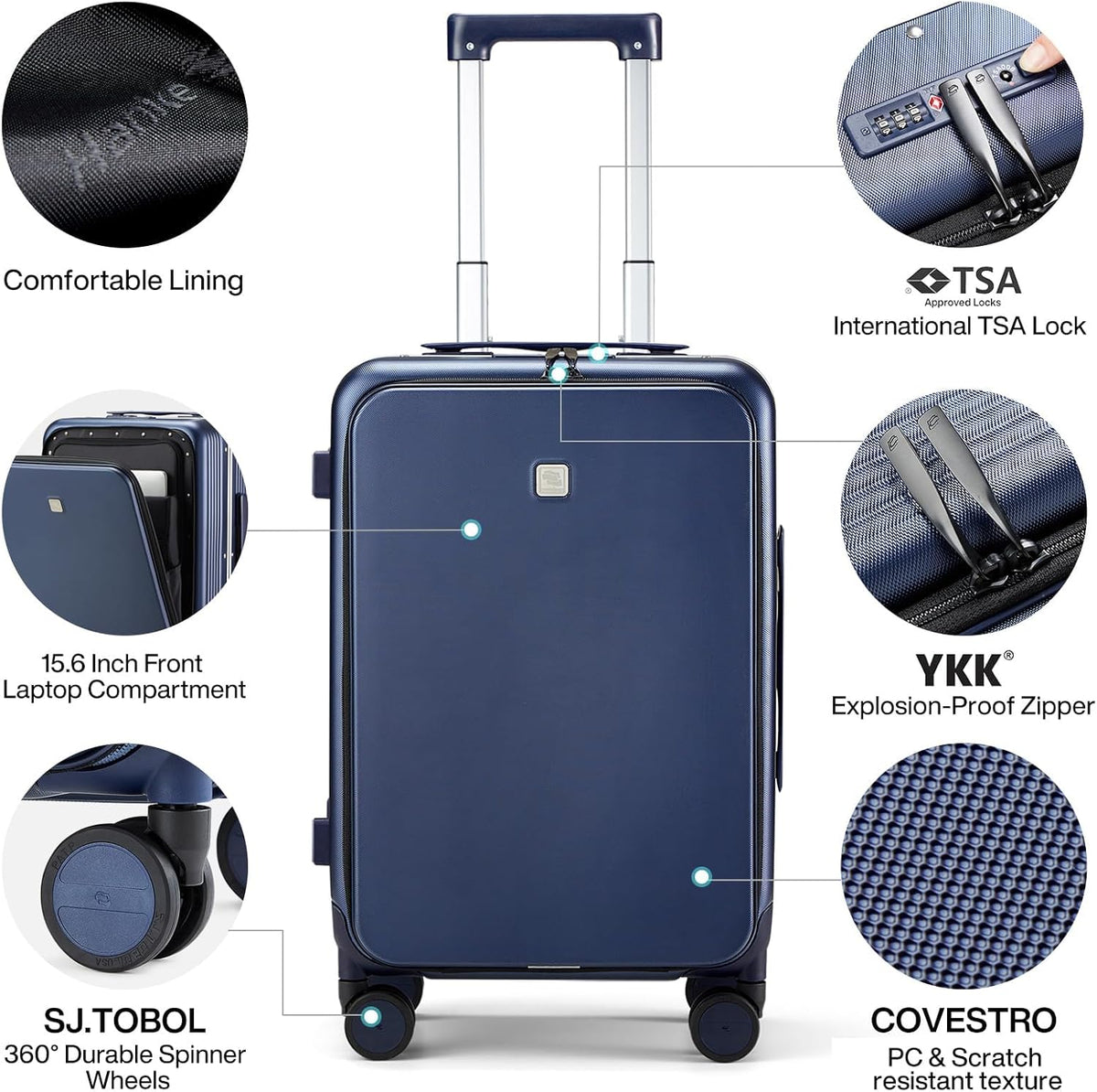 Grace Expandable Carry On Luggage with Wheels Airline Approved Hard Shell Suitcases with Front Pocket，Top Opening Luggage with TSA Lock for Short Business Travel, Blackish Green.