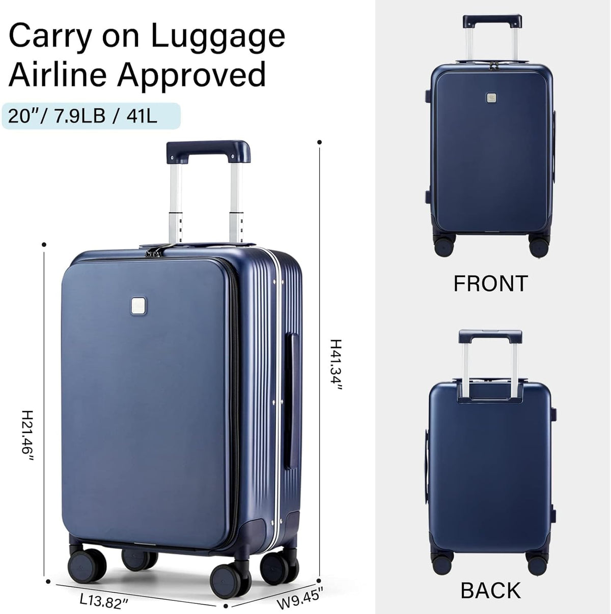 Grace Expandable Carry On Luggage with Wheels Airline Approved Hard Shell Suitcases with Front Pocket，Top Opening Luggage with TSA Lock for Short Business Travel, Blackish Green.