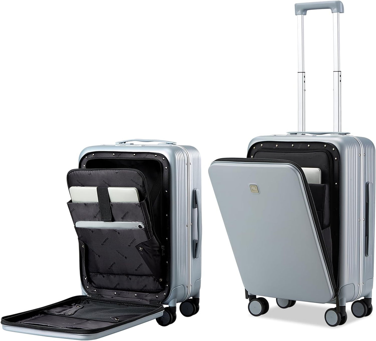 Grace Expandable Carry On Luggage with Wheels Airline Approved Hard Shell Suitcases with Front Pocket，Top Opening Luggage with TSA Lock for Short Business Travel, Blackish Green.