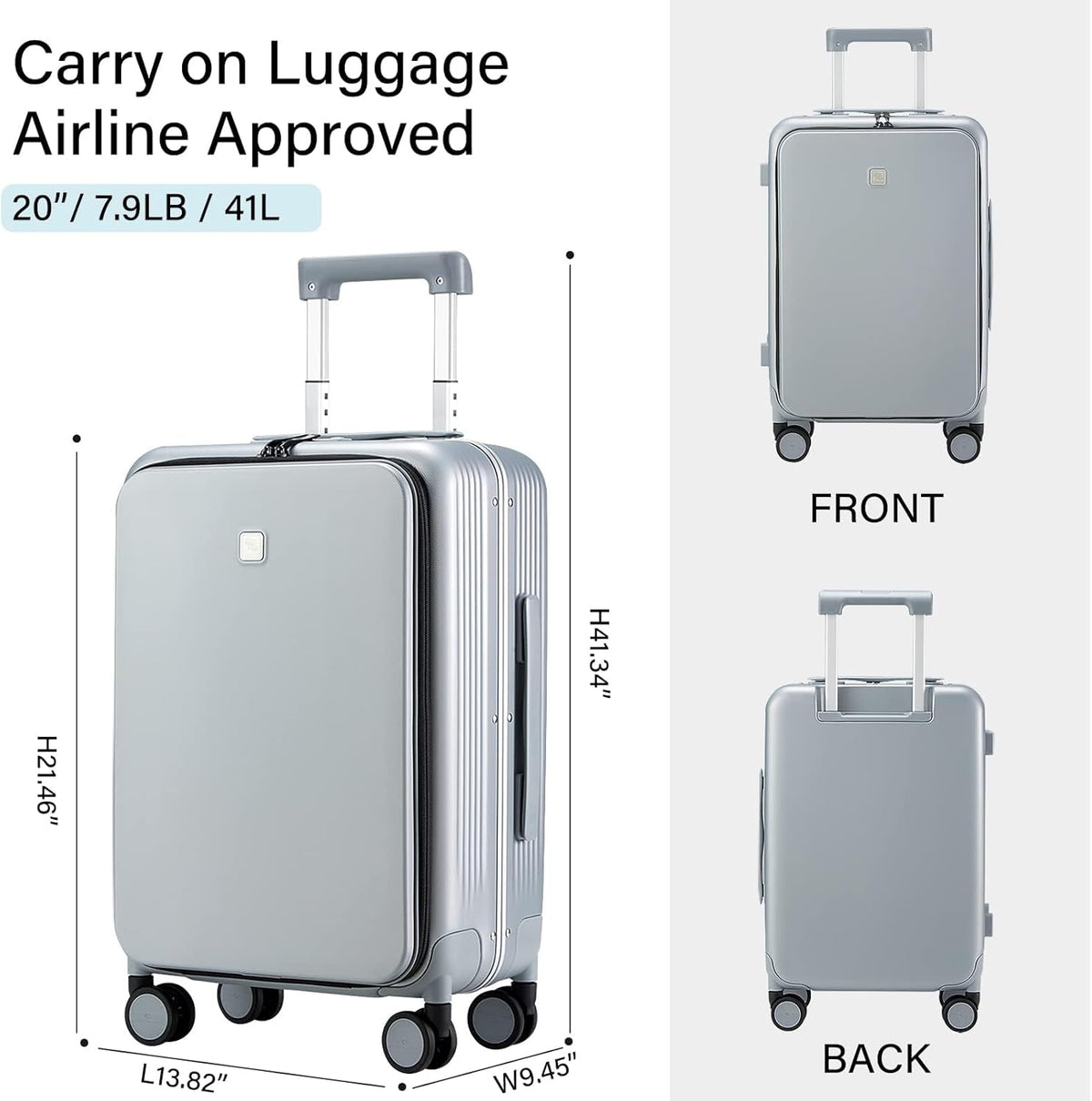 Grace Expandable Carry On Luggage with Wheels Airline Approved Hard Shell Suitcases with Front Pocket，Top Opening Luggage with TSA Lock for Short Business Travel, Blackish Green.
