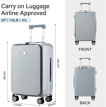 Grace Expandable Carry On Luggage with Wheels Airline Approved Hard Shell Suitcases with Front Pocket，Top Opening Luggage with TSA Lock for Short Business Travel, Blackish Green.