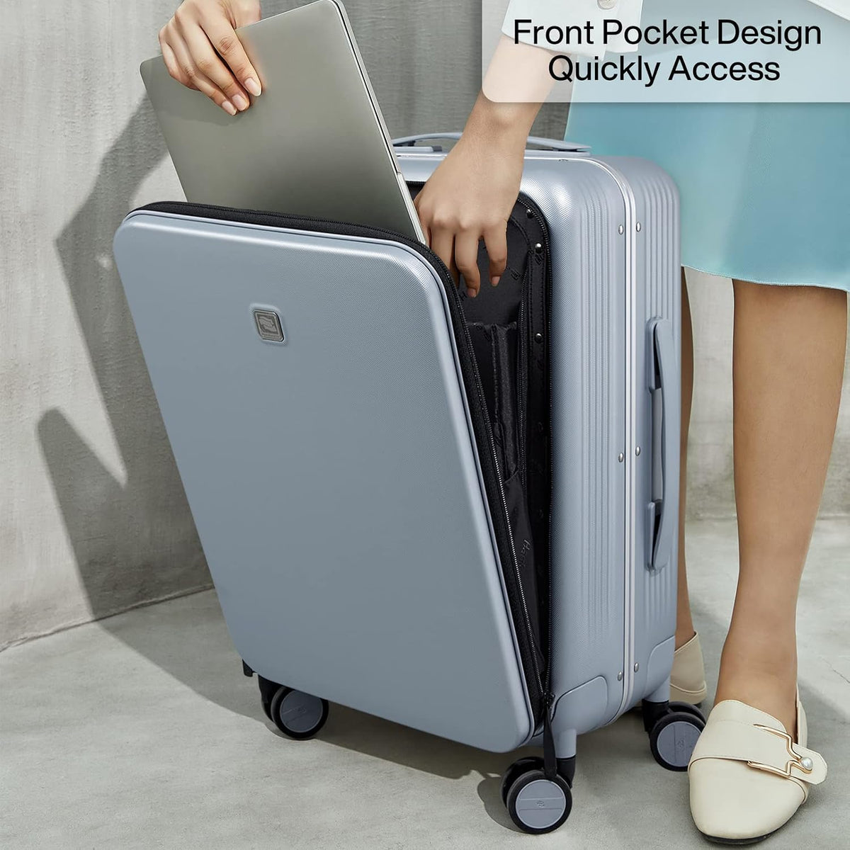 Grace Expandable Carry On Luggage with Wheels Airline Approved Hard Shell Suitcases with Front Pocket，Top Opening Luggage with TSA Lock for Short Business Travel, Blackish Green.